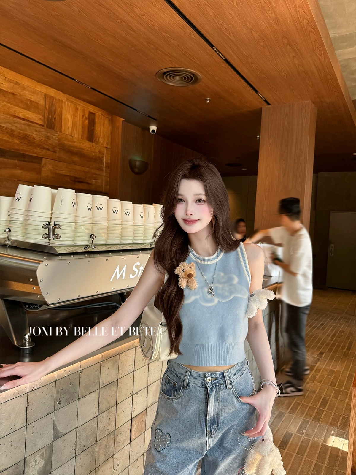 JONIbyBEB The best summer ice blue cute doll decorative letter jacquard sleeveless knit top