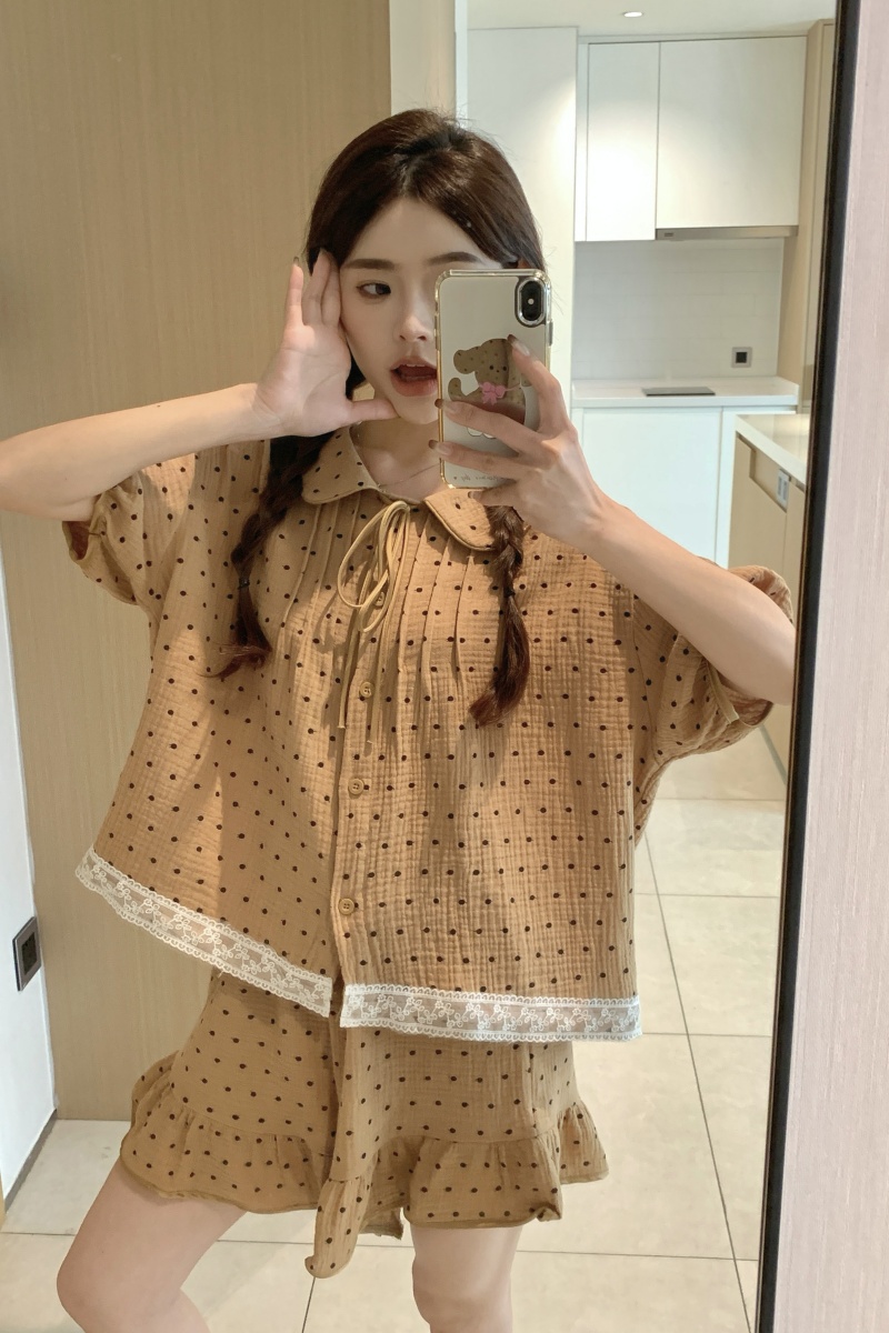 Real shot of Korean version of sweet spring and summer fresh loose breathable cotton yarn short-sleeved casual home clothing set