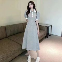 College style polo neck short-sleeved dress for women in summer mid-length style waist slimming casual A-line skirt niche design