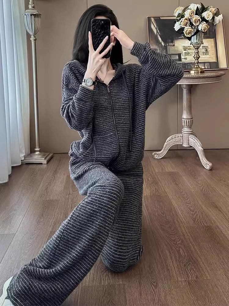 華棉純棉春季休閒運動套裝女時尚寬鬆開衫條紋衛衣衛褲炸街兩件套