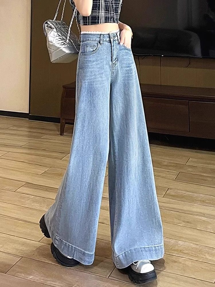 蕾絲拼接淺色闊腿牛仔褲女春季新款長褲今年流行垂感拖地喇叭褲子