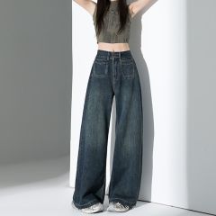 潮流個性雙扣設計復古闊腿牛仔褲女春秋季新款寬鬆顯瘦拖地牛仔褲