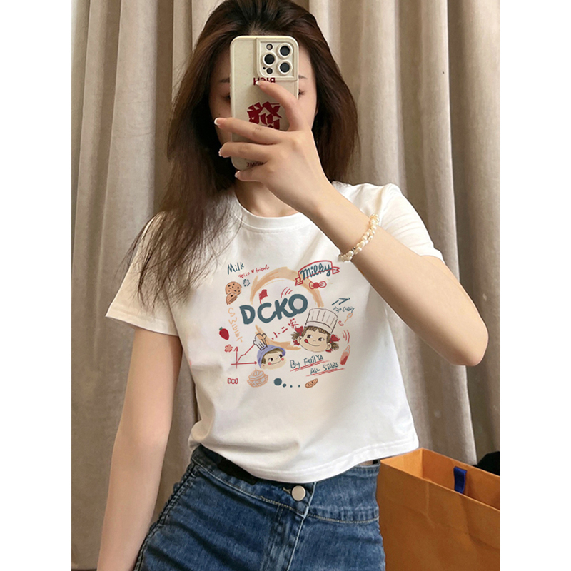 韓國外貿新款短袖t恤女夏小個子高腰韓版寬鬆設計感短款露臍上衣