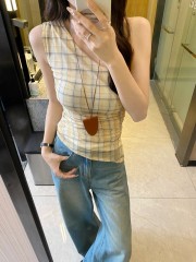 Summer New French Retro Style Beautiful Backless Shoulder-Strap Yellow Checkered Design Shoulderless Sleeveless Top