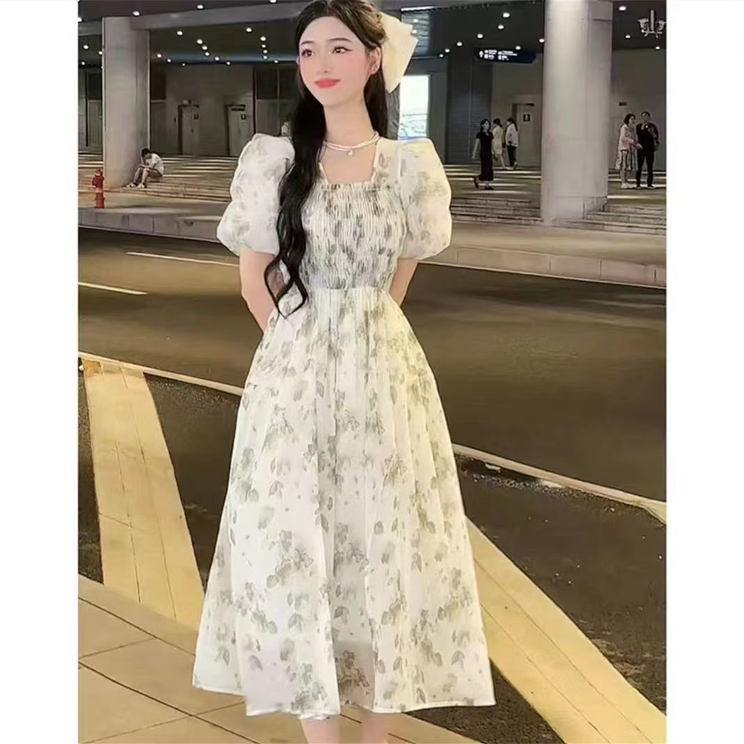 French new floral square collar puff sleeve dress for women with waist slimming summer new Platycodon skirt fairy long skirt