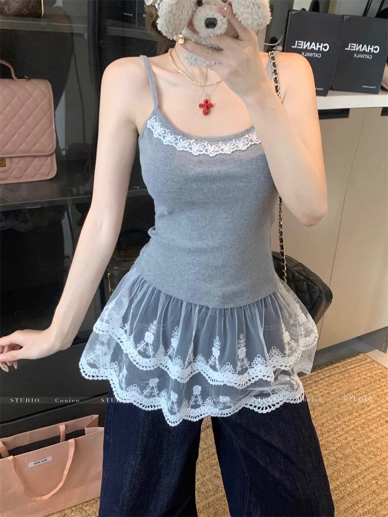 甜辣背心吊帶女新款韓系純欲百搭蕾絲拼接疊穿打底衫修身上衣