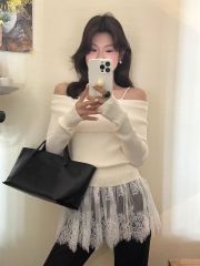 2025 Spring New Korean-style French lace knitted suspender vest + one-shoulder irregular sweater set