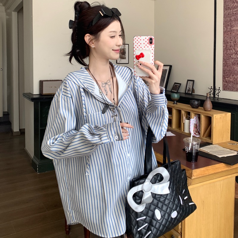 實拍韓系慵懶豎條紋連帽襯衫女2025春季百搭寬鬆長袖上衣防曬外套