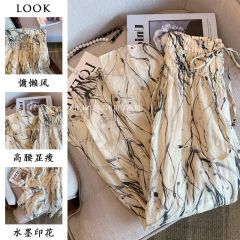 Original fabric with pockets Ink printed wide-leg pants for women in summer high waist slimming design niche