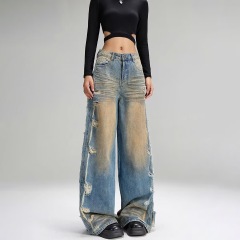 American retro ripped wide-leg jeans for women in spring 2025 new design loose and slim straight-leg mopping pants