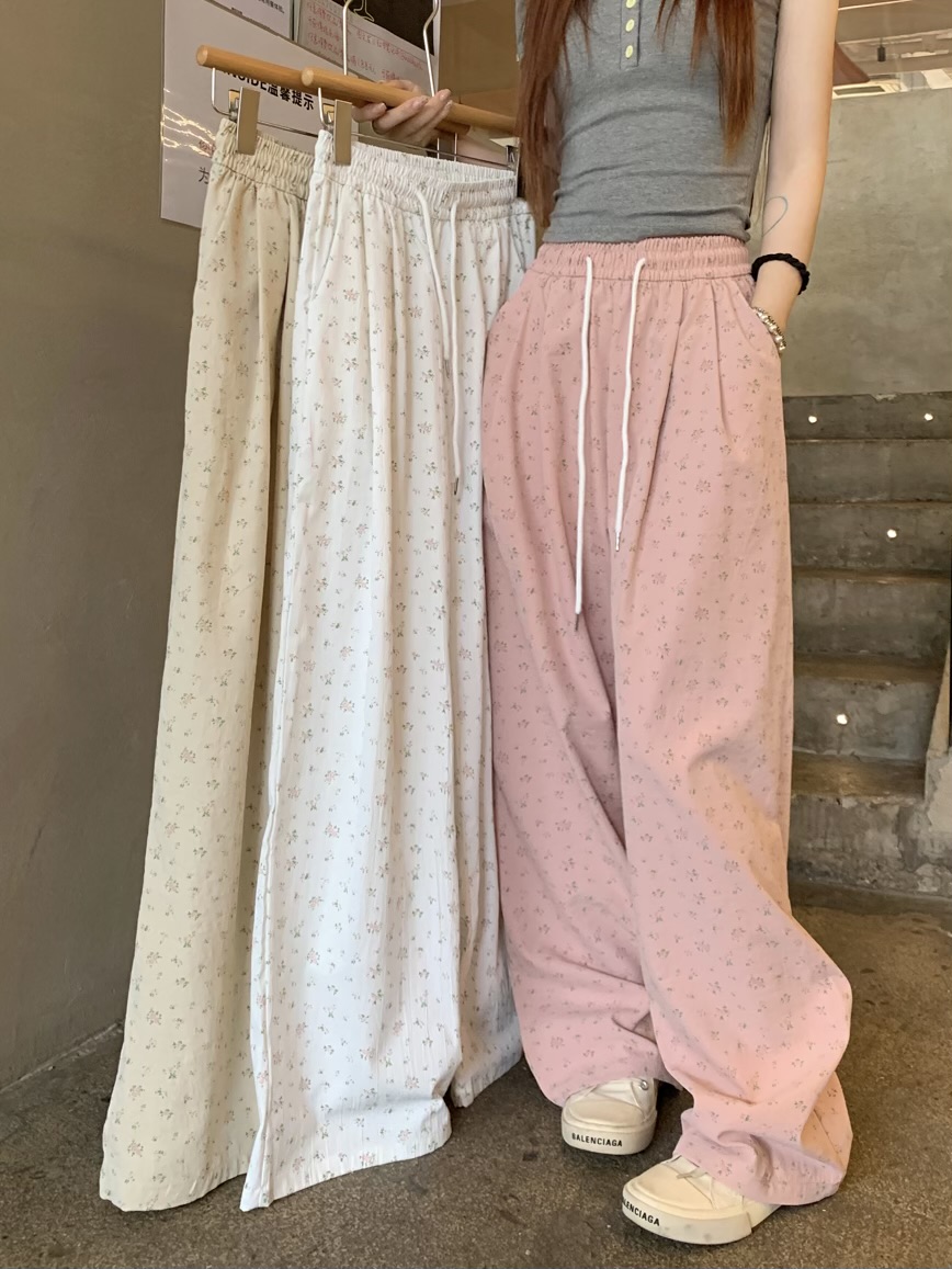 Real shot of Korean small floral high waist casual slim and versatile straight floor mopping Yamamoto wide-leg pants