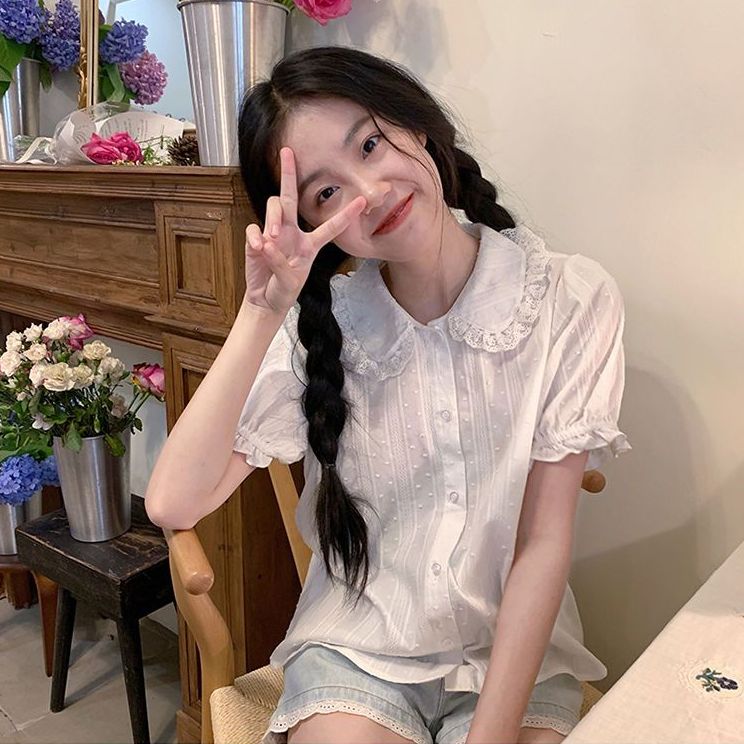 Pure cotton shirt cute soft girl doll collar summer short-sleeved lace puff sleeves large lapel lace can be worn inside top