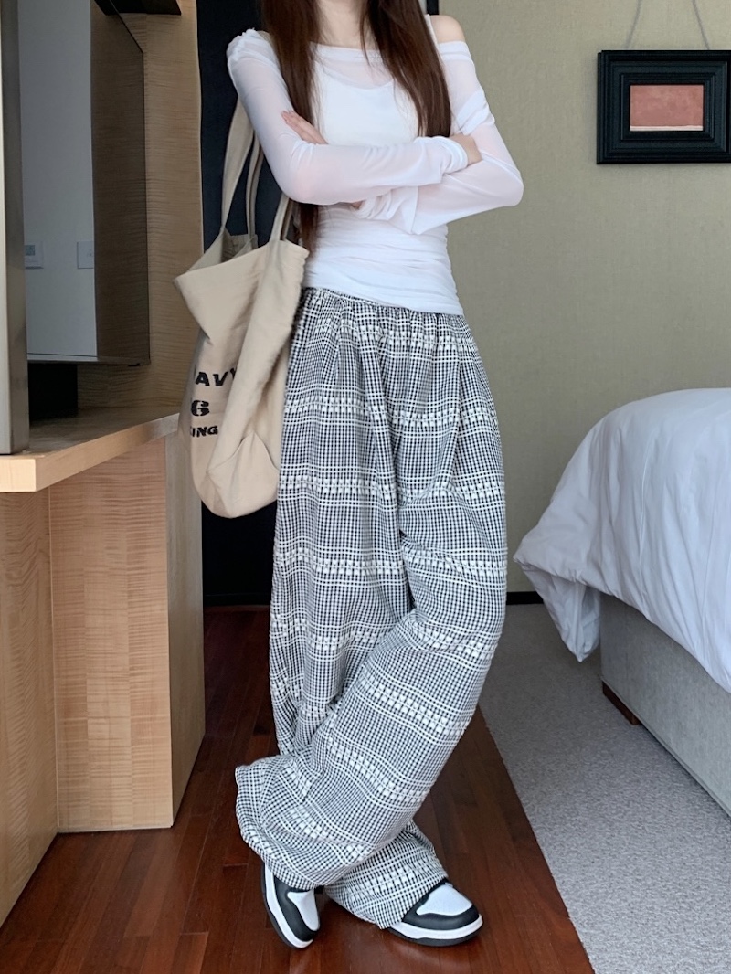 Real shot New Korean heavy industry jacquard fine plaid high waist casual slim straight loose wide-leg pants