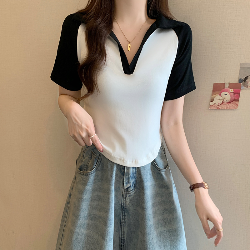 Real shot 92 cotton 8 spandex, back collar 210g thread, raglan sleeves, Polo collar short sleeves, T-shirt for women