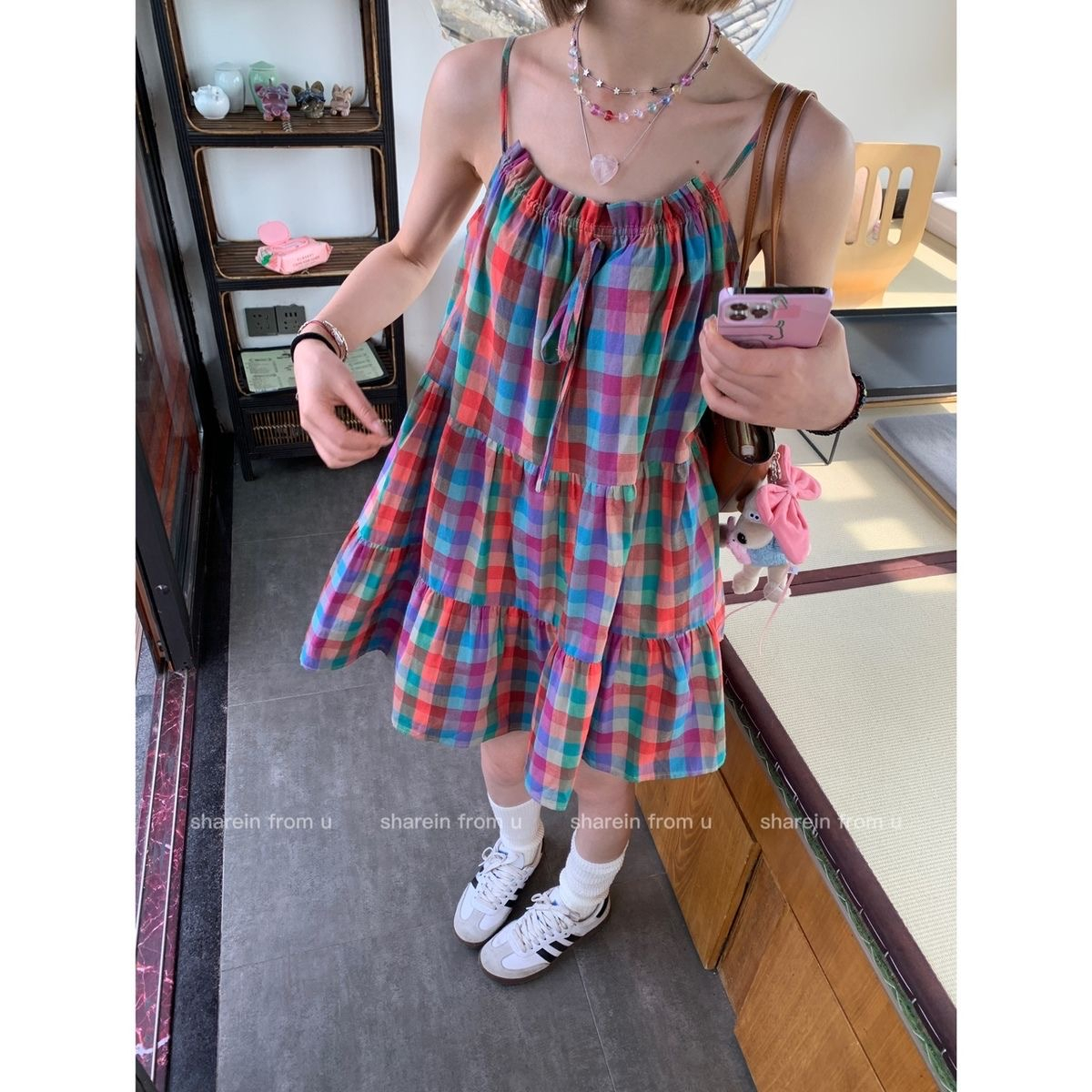 2025夏季新款韓系多巴胺俏皮少女韓chic彩色格子可調節吊帶連衣裙