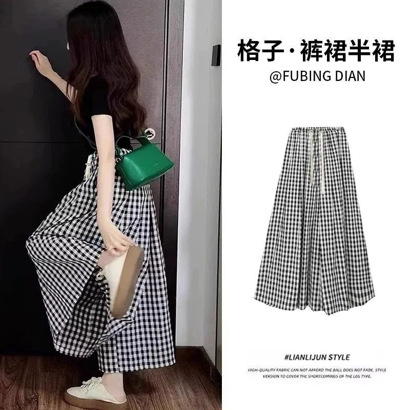 Large size 85-300 catties fat mm plaid skirt for women in summer thin high waist versatile slimming nine-point skirt for women