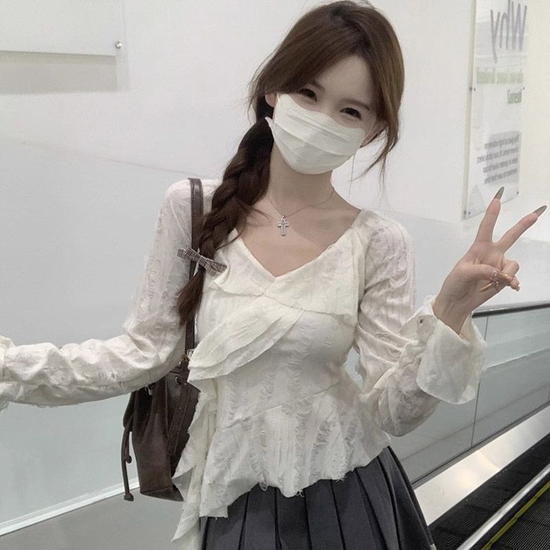 荷葉邊破洞T恤女春秋季美式復古小眾設計感獨特長袖上衣
