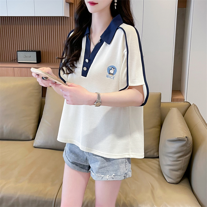 First-time real shot of waffle 100 polyester back bag collar POLO collar short summer new short-sleeved T-shirt for women