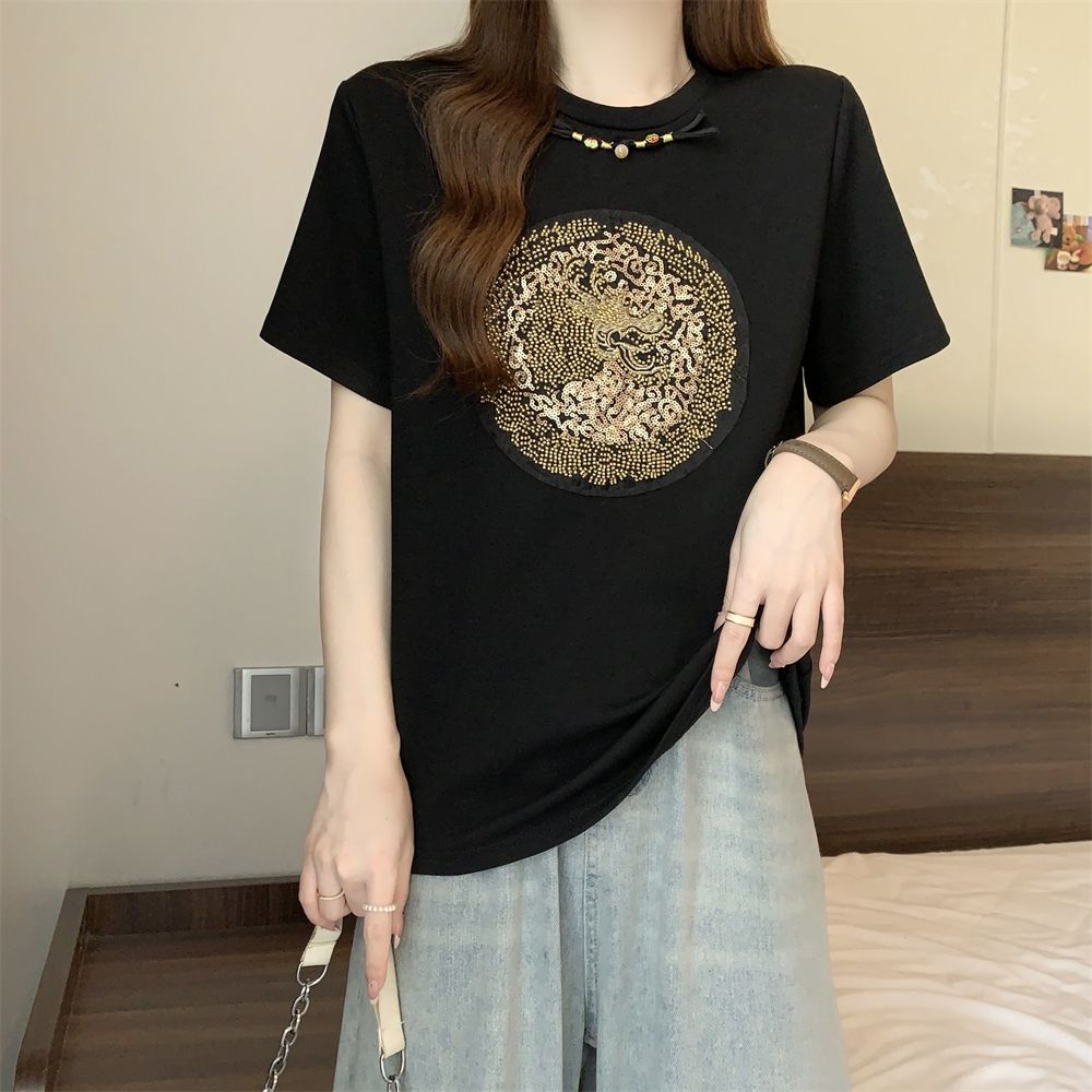 Real shot 21 pure cotton/100 cotton Chinese short-sleeved T-shirt women's Chinese style sequin bow tie