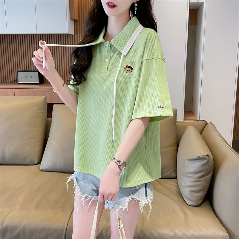 First release real shot waffle 100 polyester backpack POLO collar short summer new short-sleeved T-shirt for women