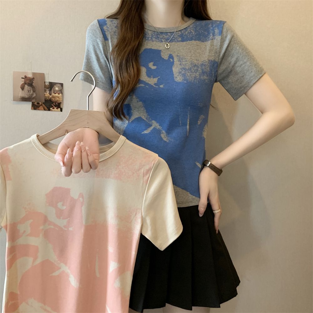 Real photo 40 pure cotton 210g 92 cotton/8 spandex summer short-sleeved T-shirt for women slim print