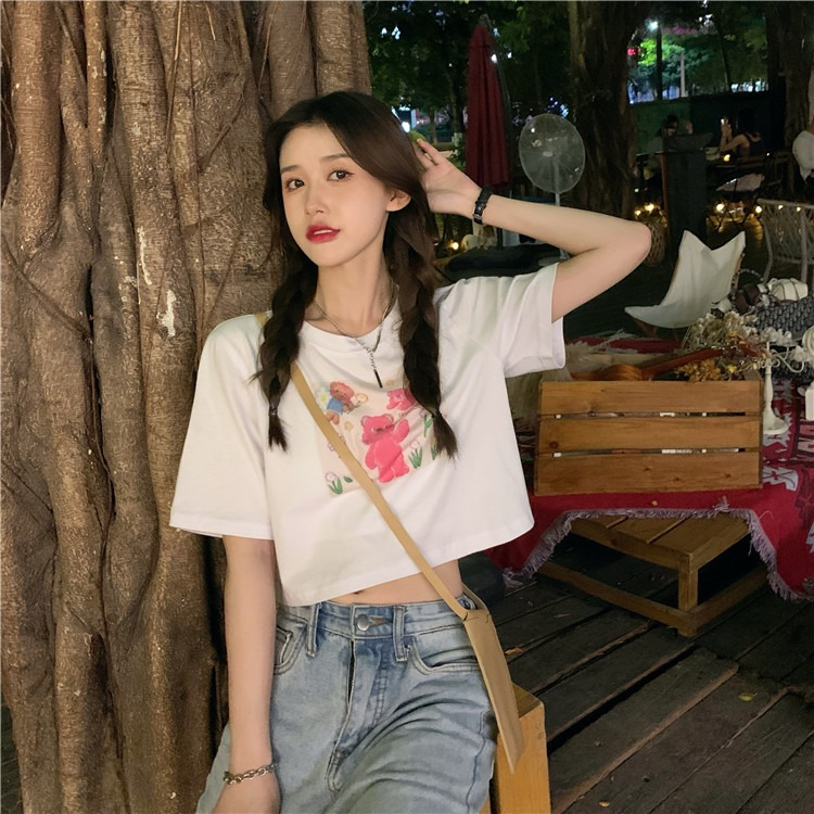 韓國外貿甜美小熊短袖T恤女夏季ins潮鹽系減齡小個子短款露臍上衣
