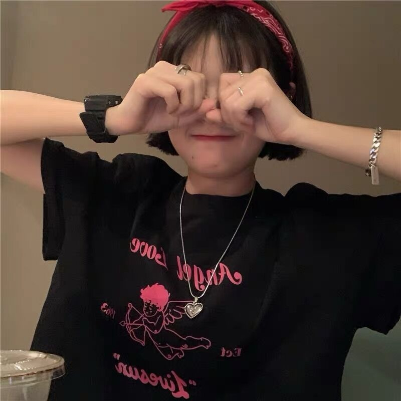 外貿韓版短款露臍百搭丘比特印花短袖T恤女ins減齡學生甜辣寬鬆潮