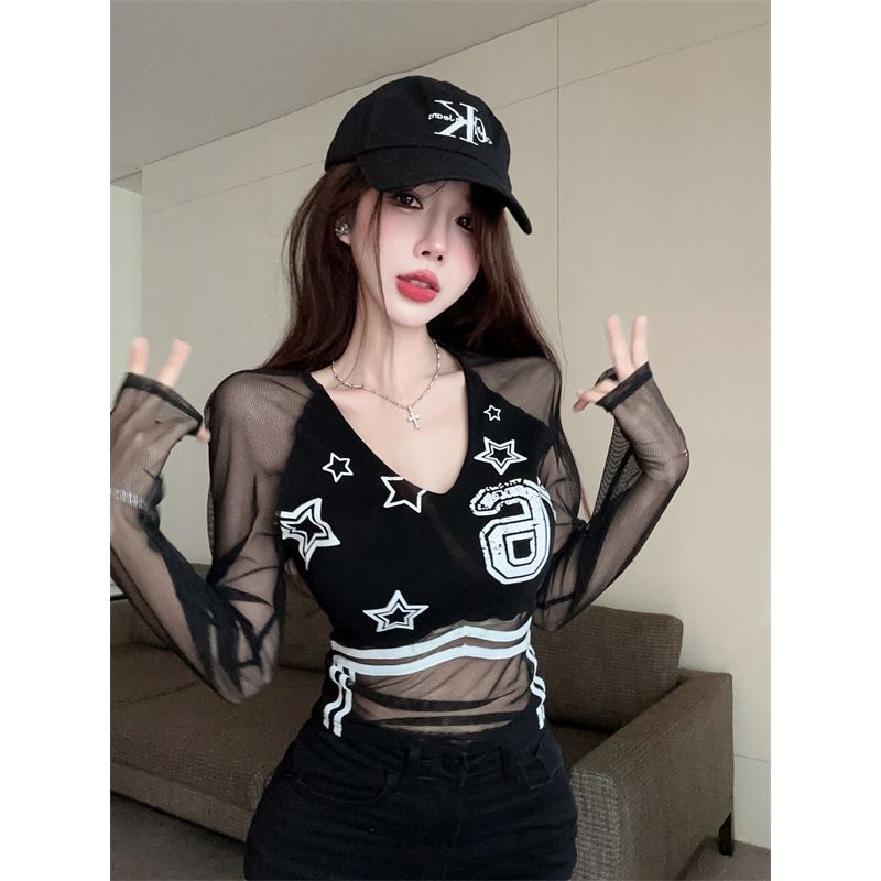 Thread + mesh fabric Sexy hot girl V-neck spliced ​​long-sleeved T-shirt for women in autumn and winter new slim fit top