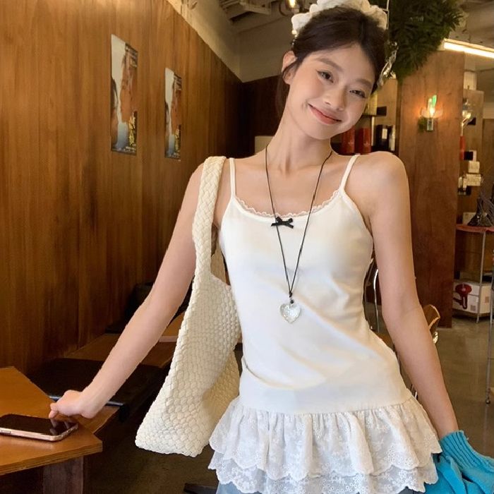 原版立體花邊白色蝴蝶結吊帶背心女春季疊穿內搭小上衣