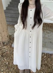 Women's 2025 Spring Collection Pleated Long Sleeve Dress - New Design High-Waisted Loose Long A-Line Skirt Trendy