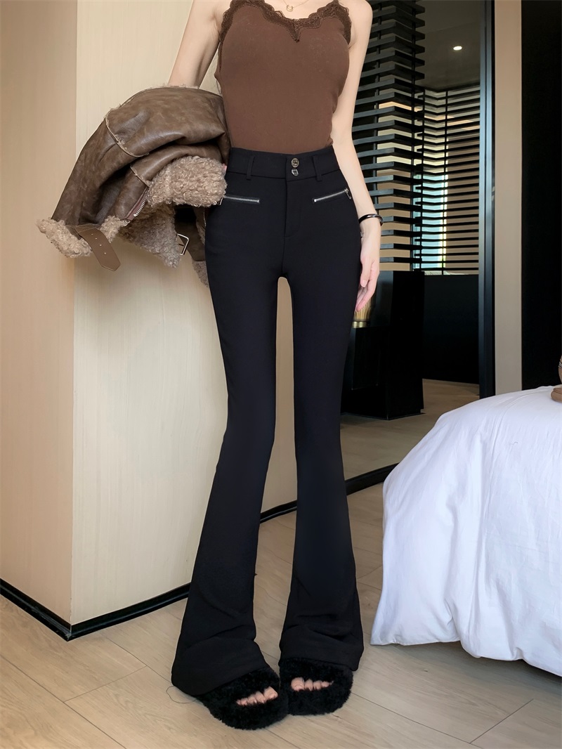 Real shot!  !  Black micro-flare casual pants for women slim elastic high waist floor pants