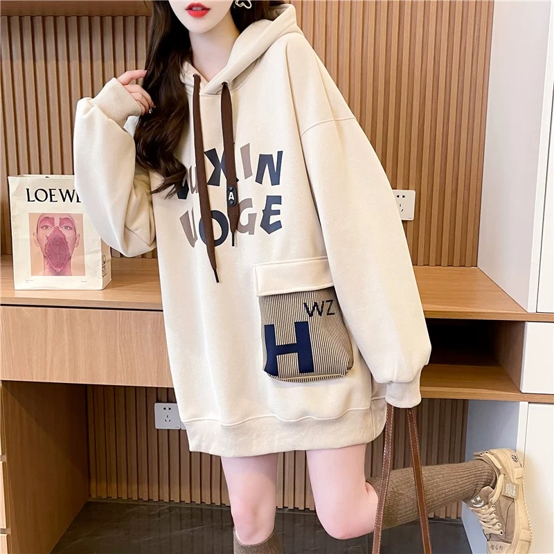 Pure cotton Hua cotton replenished milk silk / back collar / thin loose printed pocket sweatshirt
