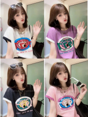 天貓質量大版型字母提花針織小圓領拼色涼爽透氣休閒上衣