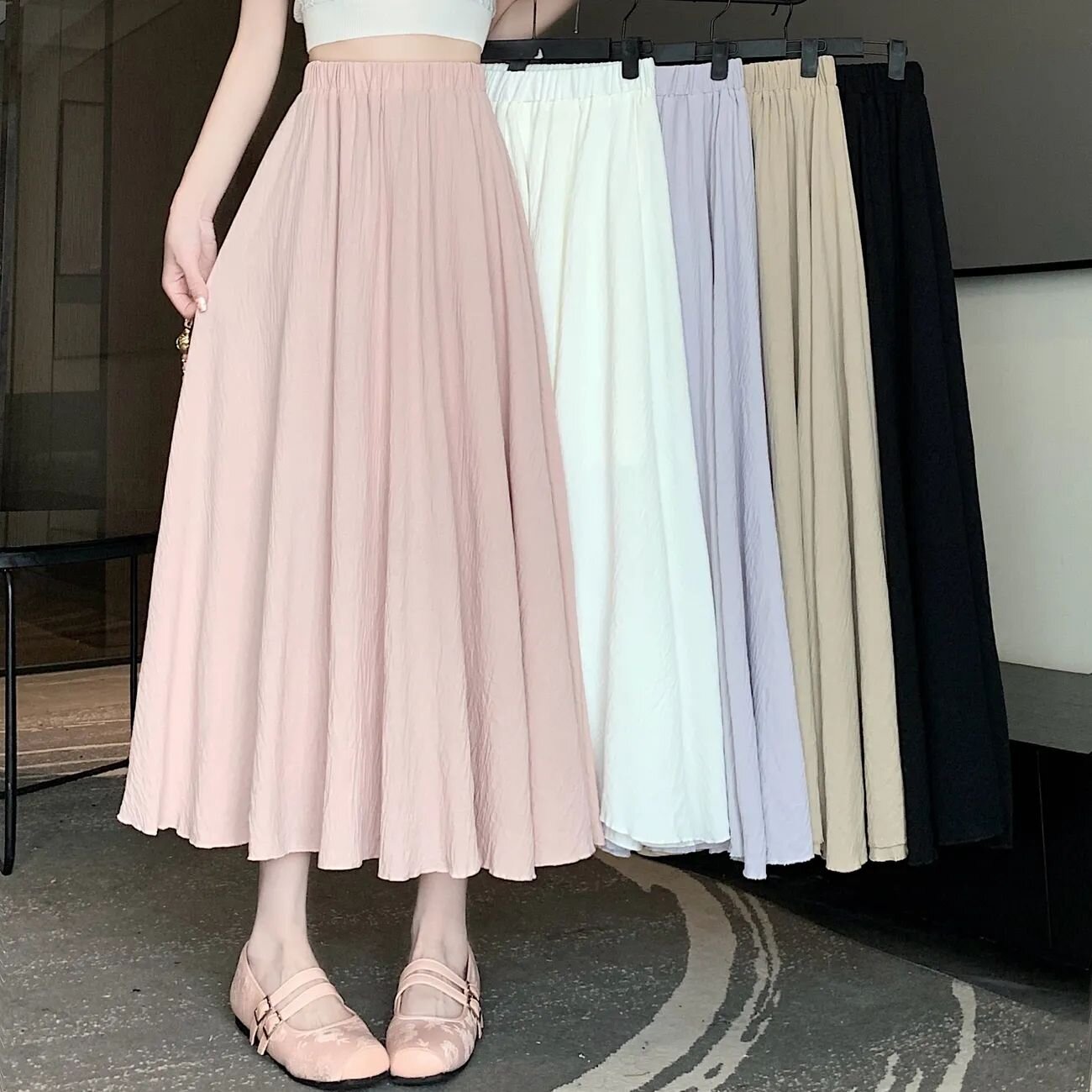 High-end linen cotton beige skirt for women's summer new mid-length loose slim A-line long skirt