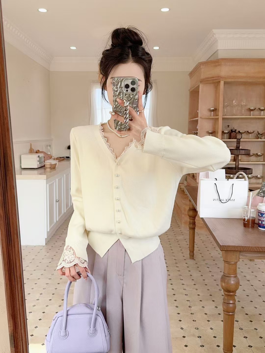 2025 Spring New High-end Fashion Fashionable Lace-side Long Sleeve Cardigan Wool Knitted Sweater