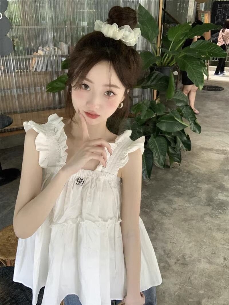 Black ear pleated white suspender summer new style fresh age-reducing design embroidered vest top for women