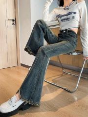 復古毛邊微喇叭牛仔褲女春秋季大碼高腰顯瘦小個子彈力拖地長褲子