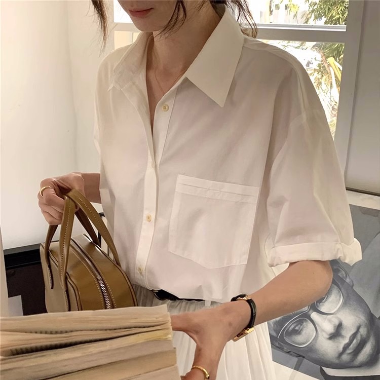 夏季純色短袖襯衫女韓版休閒鹽系寬鬆百搭上衣慵懶通勤設計感襯衣