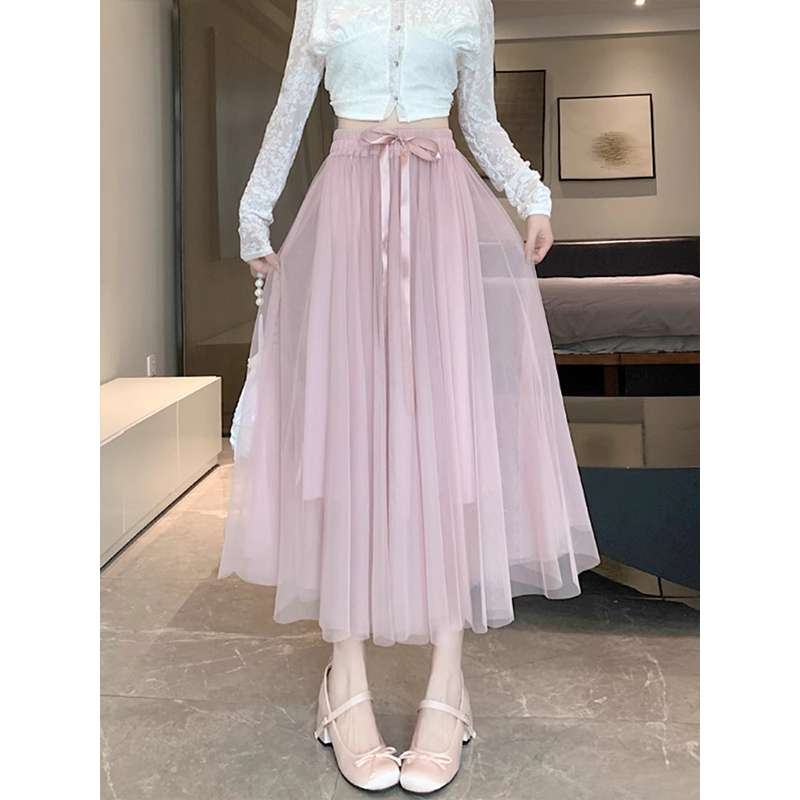 High waist slim small A-line mesh skirt for women in summer mid-length drooping princess skirt 2025 new style