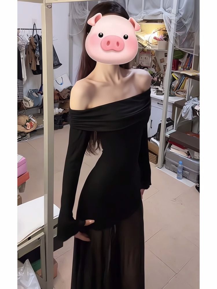 黑色網紗一字肩連衣裙女秋季純欲氣質辣妹小個子修身顯瘦長袖長裙