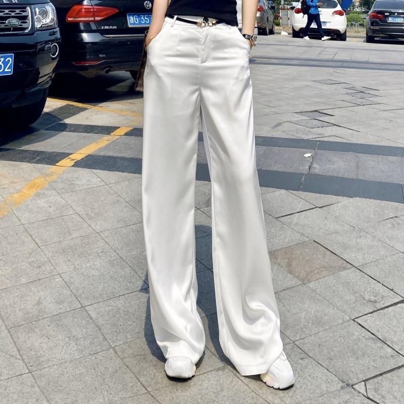 垂墜感醋酸闊腿褲夏季高腰長褲送腰帶百搭緞面寬鬆顯瘦褲子女