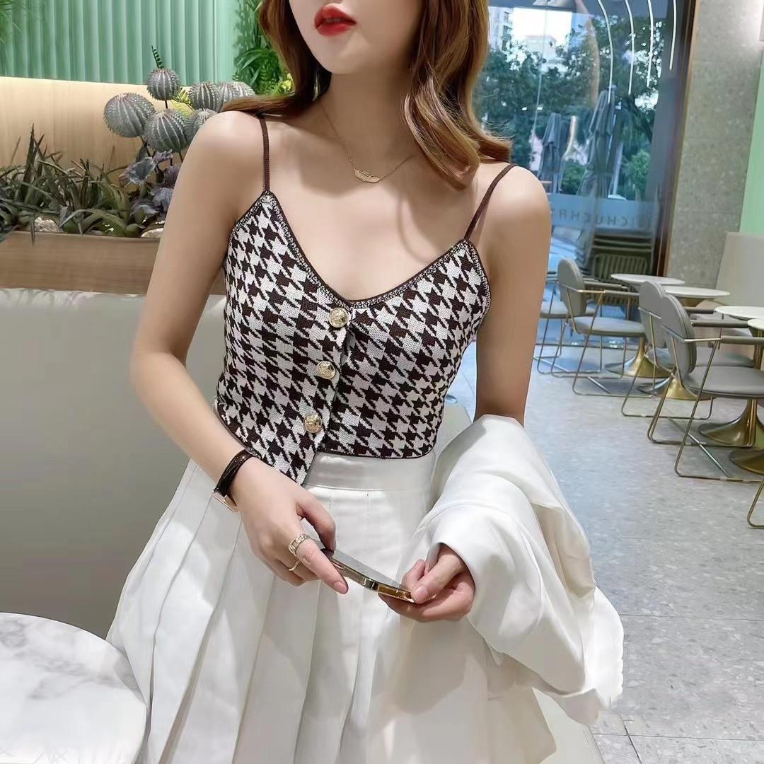 European hot girl short temperament top small fragrance bird plaid vest women spring summer