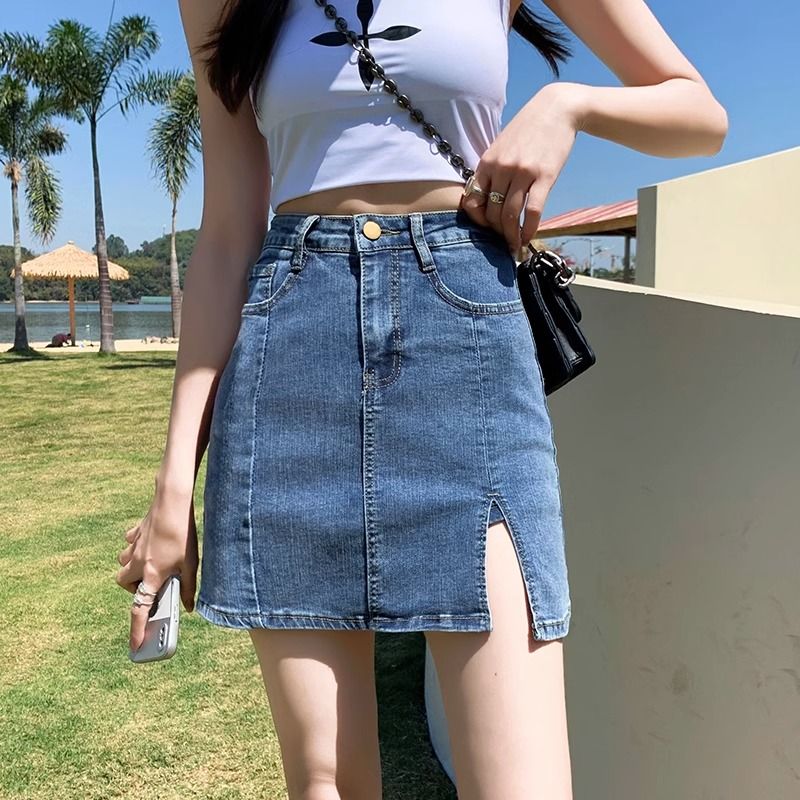 牛仔短裙女春季新款高腰顯瘦包臀裙帶內襯防走光裙褲a字半身裙