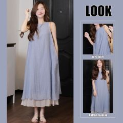 French striped texture fake two-piece dress for women's summer new loose and slim long skirt