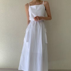 韓國ins氣質吊帶連衣裙女夏季設計感抽繩收腰顯瘦大口袋連衣裙