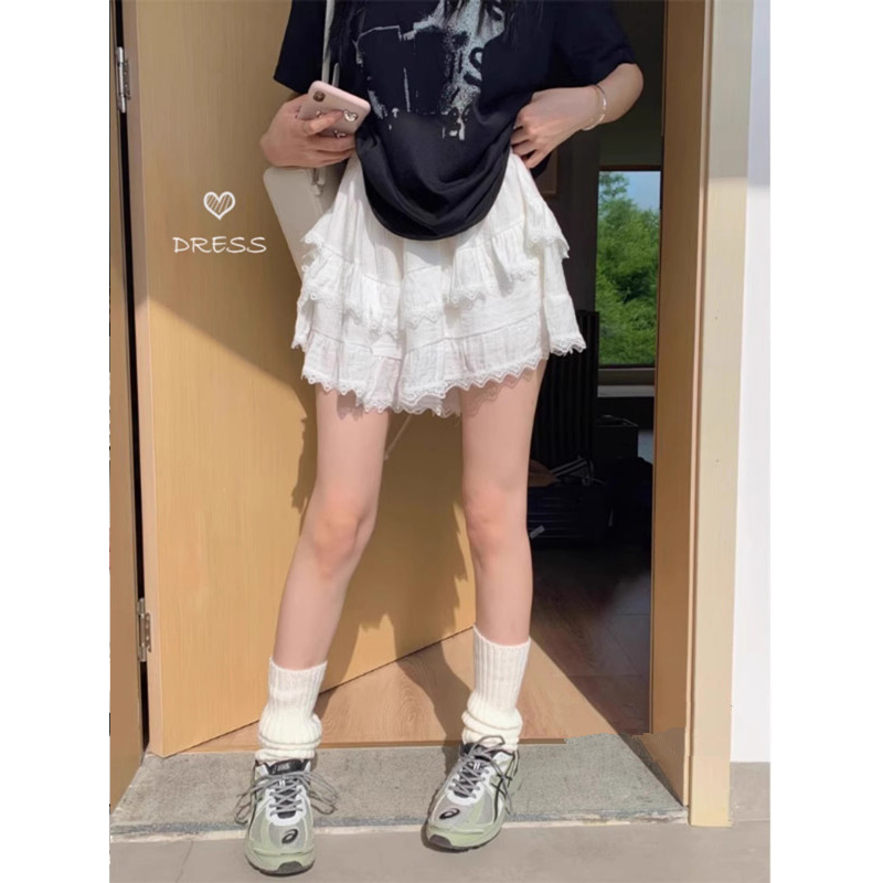 2025 ballet style black lace spliced ​​skirt for women with elastic waist A-line pleated skirt strap lining