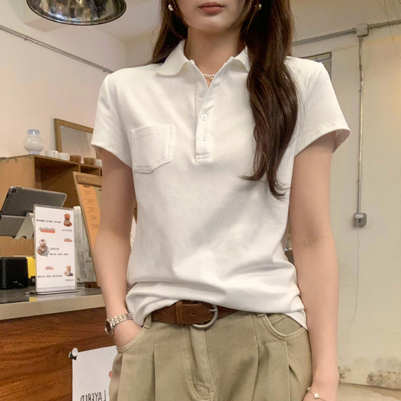 Real photos Korean lapel POLO shirt front shoulder short-sleeved T-shirt for women 2025 new high-end niche no-size top