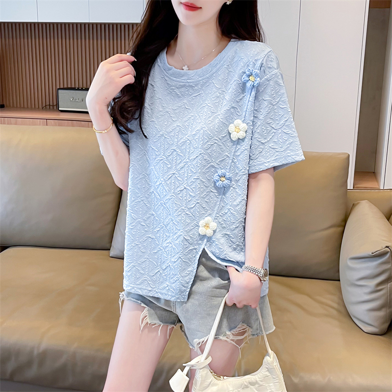 Real photo of the flower-poured short-sleeved T-shirt for women's thin loose short large-size top