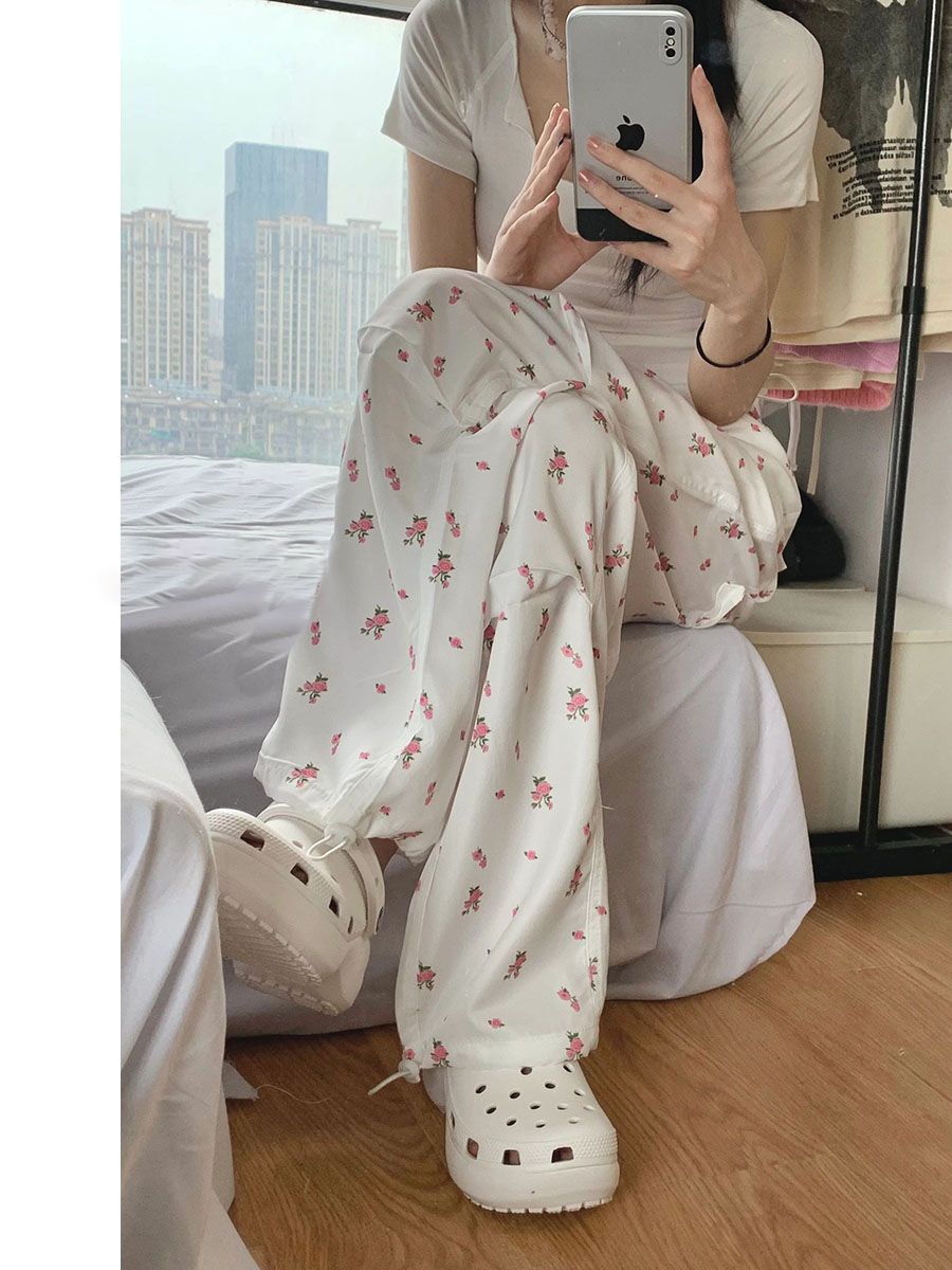 原版面料立體腰頭碎花刺繡闊腿褲女2025早春新款工裝褲