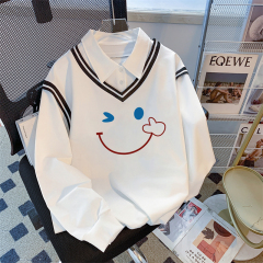 Real photo of the street back bag collar twill thin POLO collar sweatshirt for women cartoon long-sleeved jacket design top internet celebrity